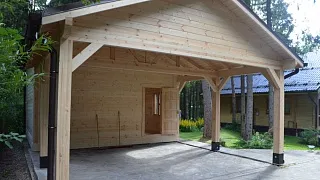 Деревянный навес для двух машин с каркасным домиком ОЛИМП - миниатюра