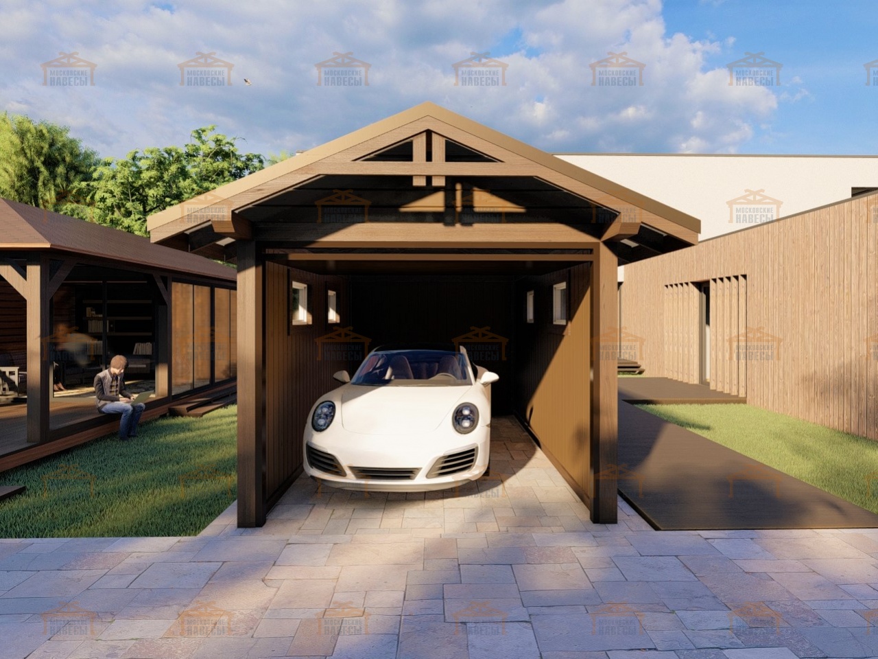 Открытый гараж для машины у дома фото